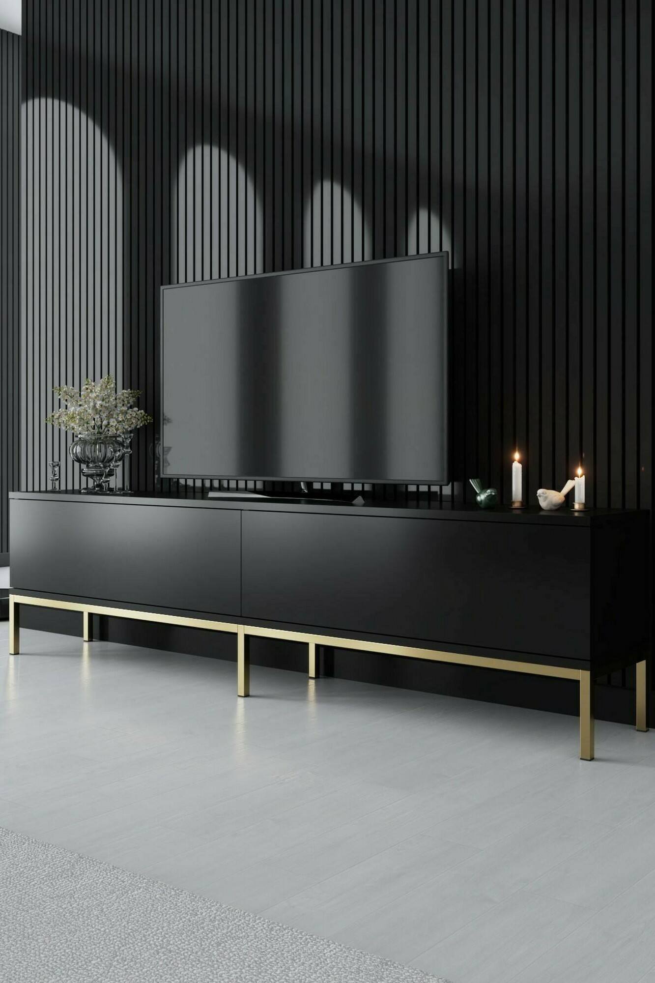foto del prodotto mobile porta tv espero, credenza da soggiorno, armadio basso per tv, base parete attrezzata, 180x30h47 cm, nero e oro