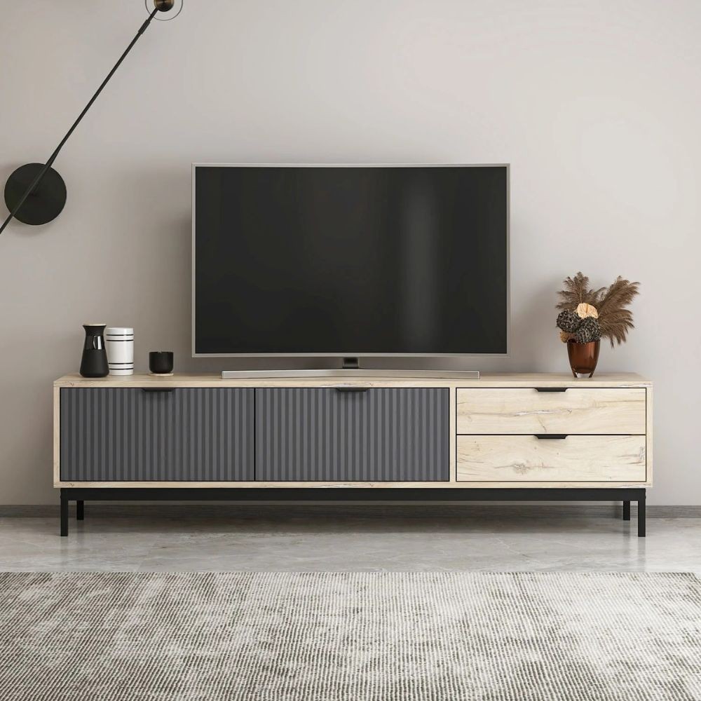foto del prodotto mobile porta tv esta rovere chiaro e antracite con effetto cannettato 180x35x47h