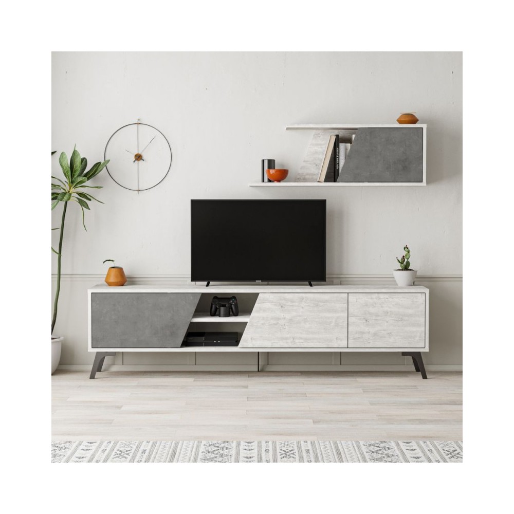 foto del prodotto mobile porta tv fiona 180x35,6x48 con mensola a parete colore bianco vintage cemento