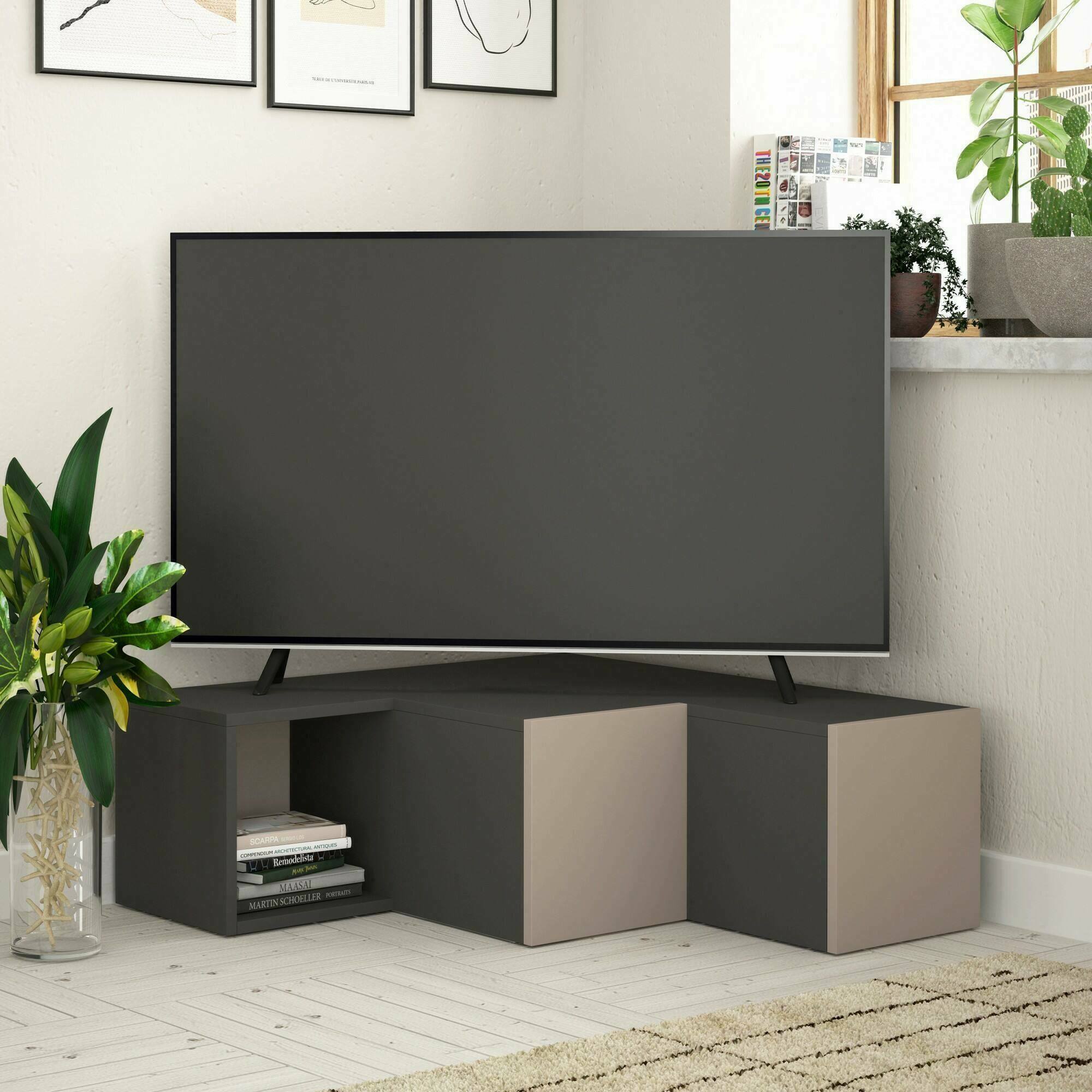 foto del prodotto mobile porta tv fiorenza, credenza da soggiorno, armadio basso per tv, base parete attrezzata, 90x92h32 cm, antracite e beige