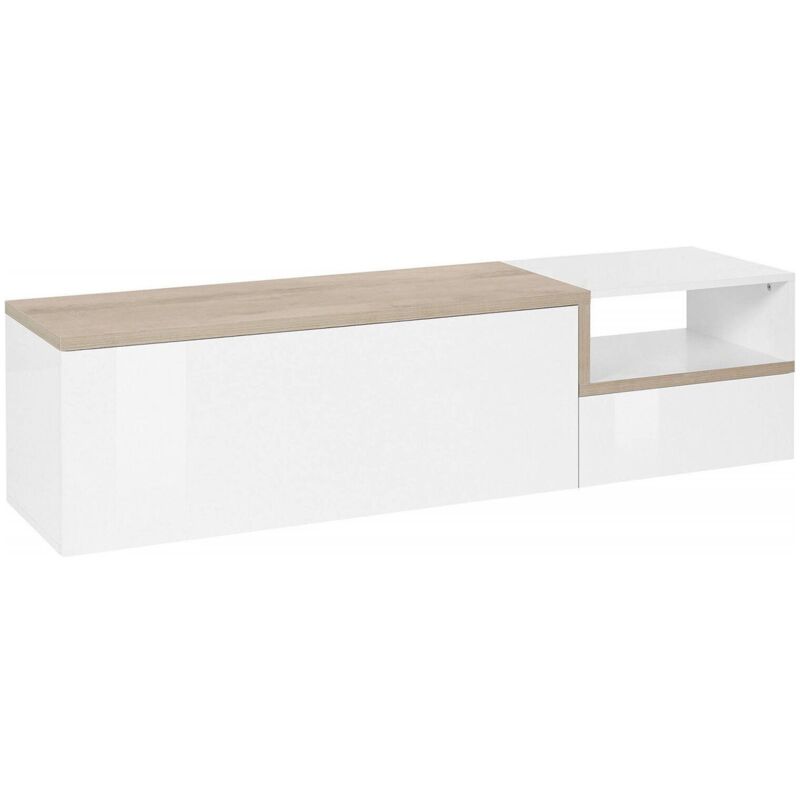 foto del prodotto mobile porta tv fluorite, credenza bassa da soggiorno a 2 ante, base porta televisione, 100 made in italy, cm 160x40h46, bianco lucido e acero