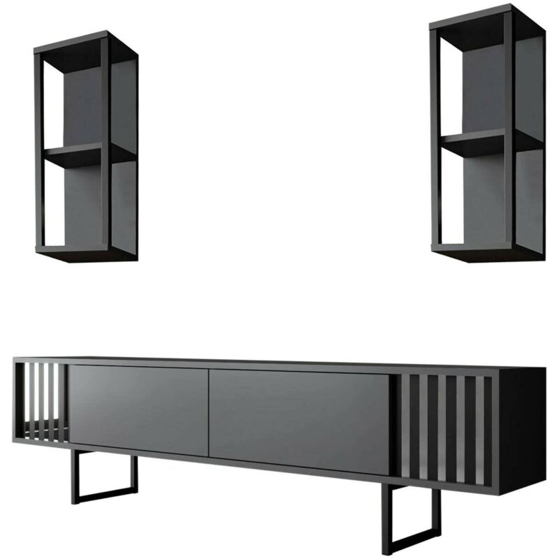 foto del prodotto mobile porta tv iva, credenza da soggiorno, armadio basso per tv, base parete attrezzata, 180x30h48 cm, antracite e nero dmora