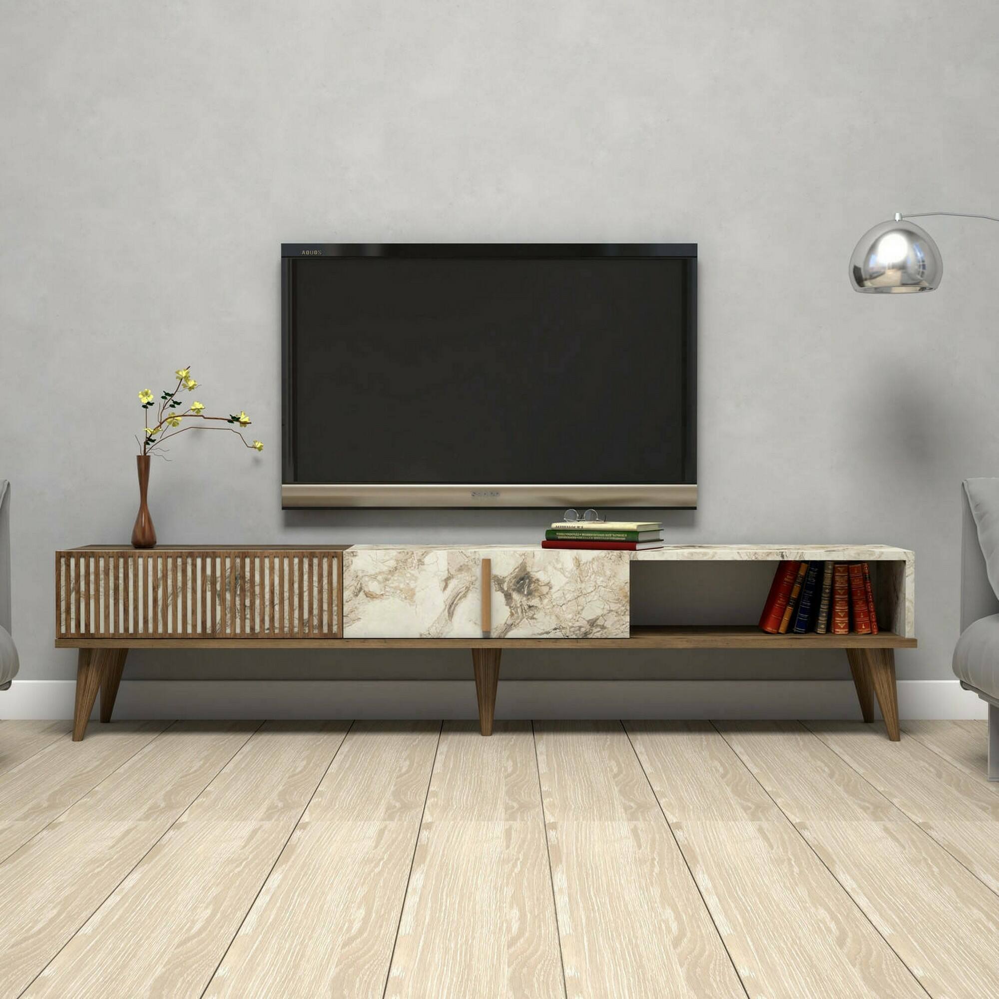 foto del prodotto mobile porta tv jakuchu, credenza da soggiorno, armadio basso per tv, base parete attrezzata, 180x35h40 cm, noce e bianco