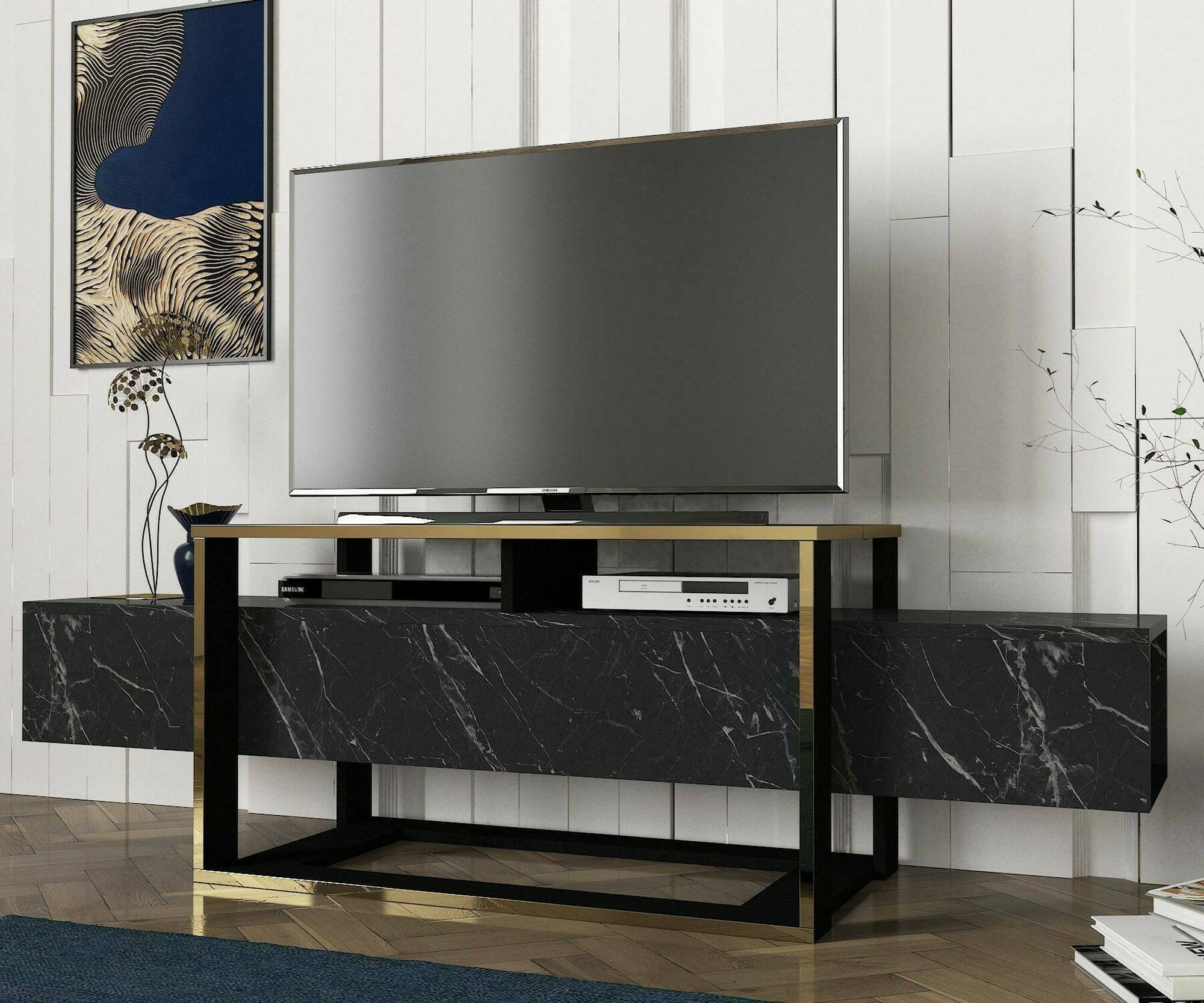 foto del prodotto mobile porta tv jo, credenza da soggiorno, armadio basso per tv, base parete attrezzata, 160x46h50 cm, nero e oro