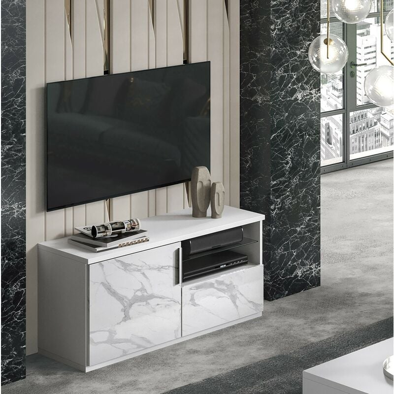 foto del prodotto mobile porta tv laccato bianco effetto marmo l.120 1 anta e 1 cassetto dream