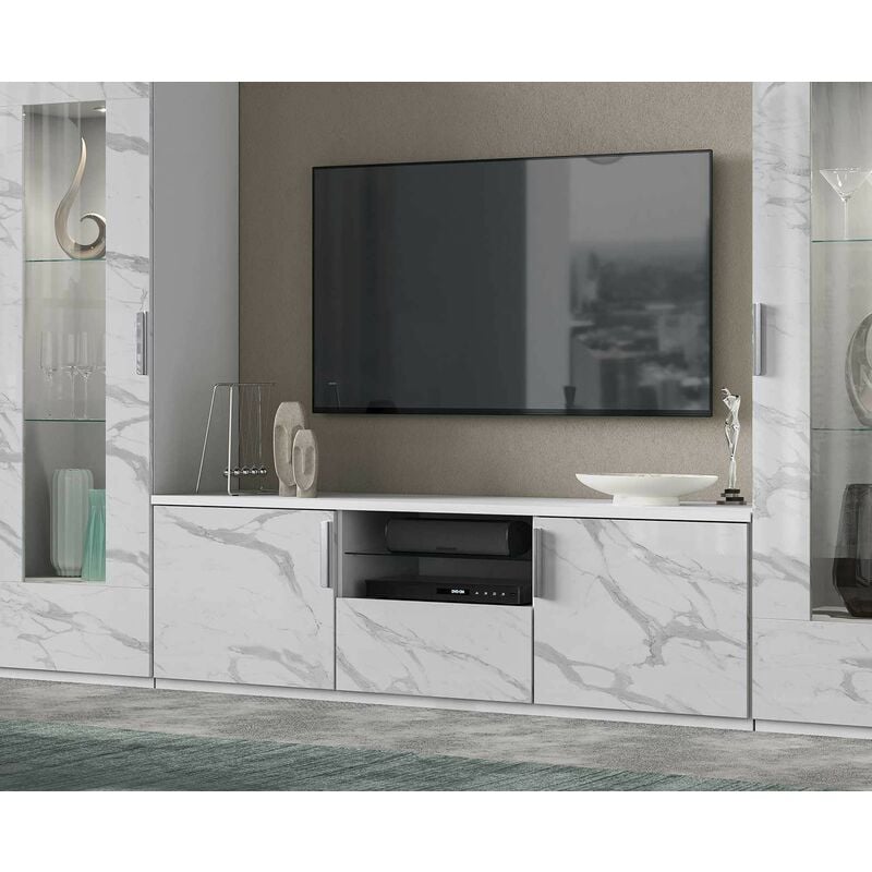 foto del prodotto mobile porta tv laccato bianco effetto marmo l.180 2 ante e 1 cassetto dream