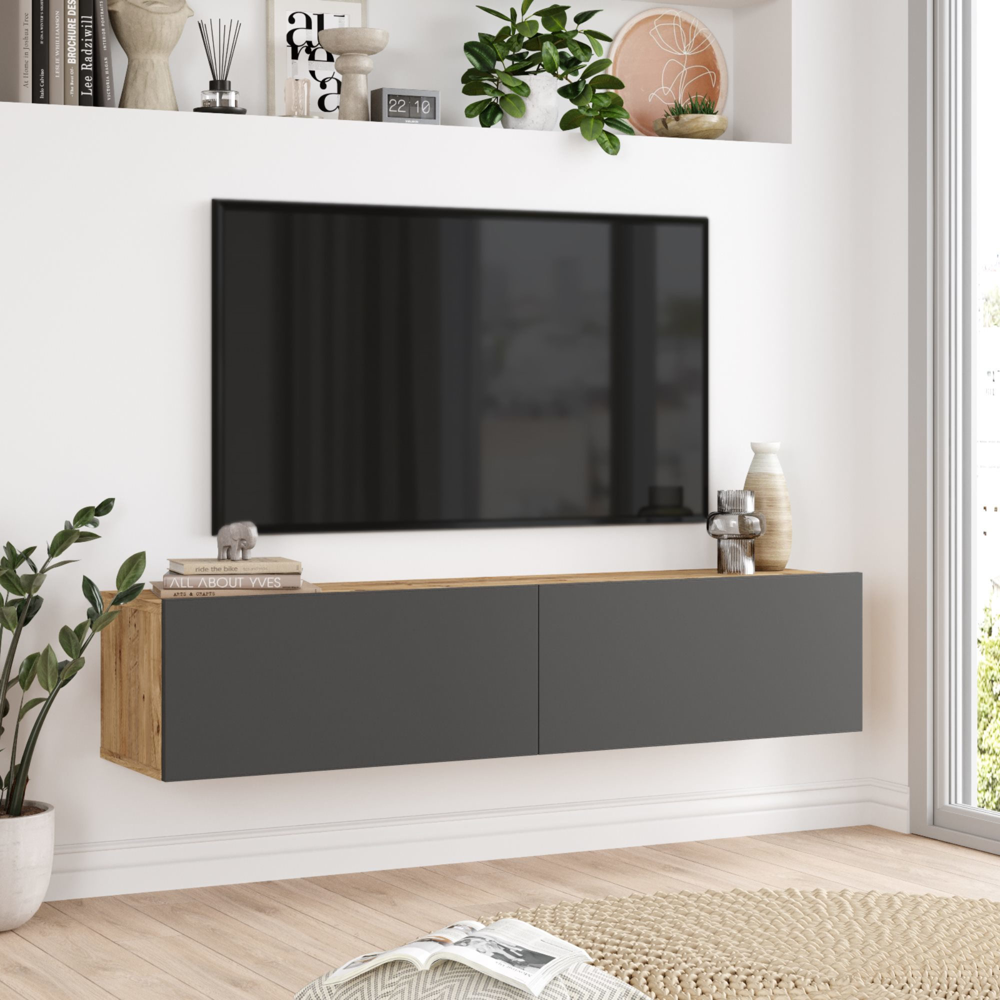 foto del prodotto mobile porta tv lapinlahti con 2 ante a ribalta consolle da parete 140 cm rovere rustico antracite en.casa 