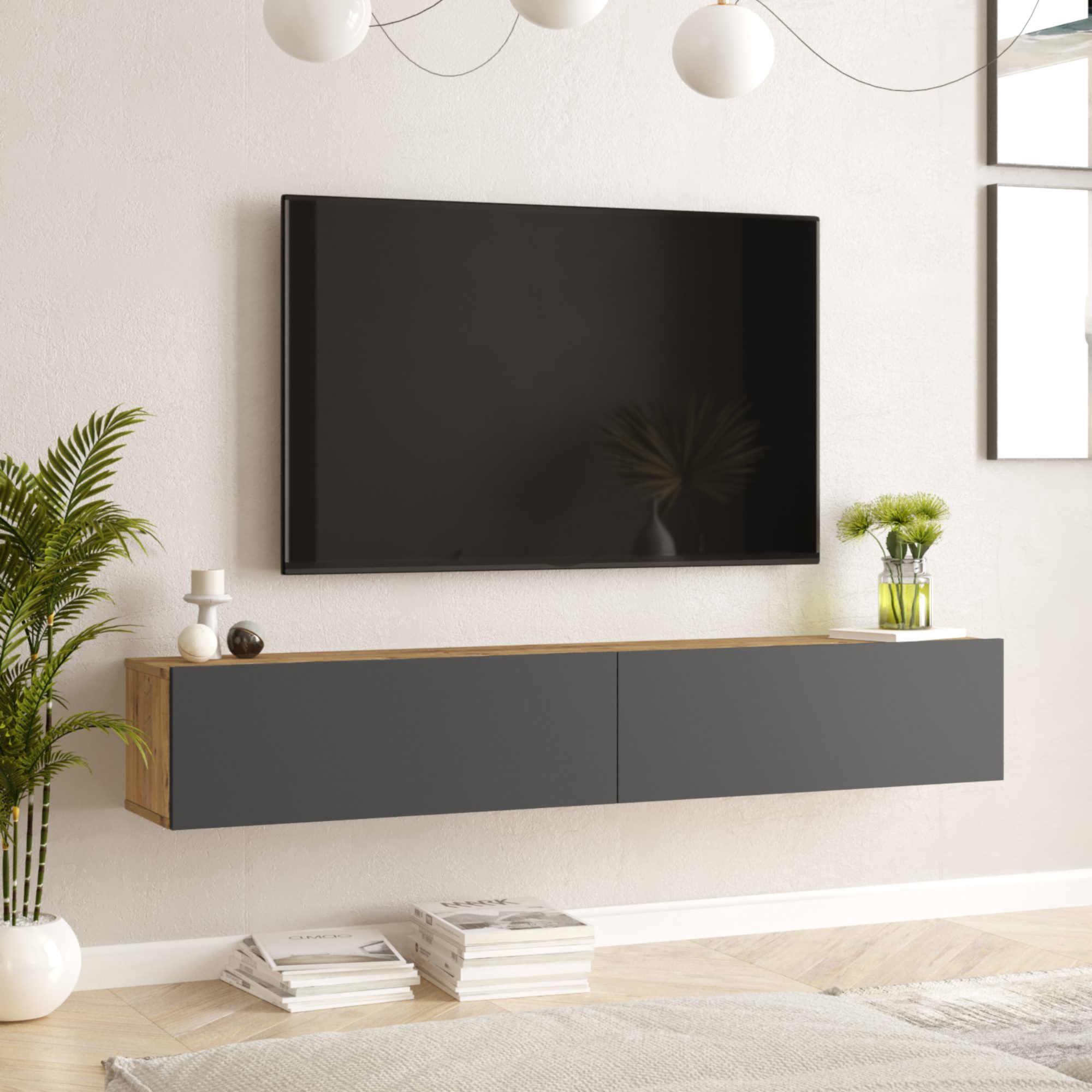 foto del prodotto mobile porta tv lapinlahti con 2 ante a ribalta consolle da parete 180 cm rovere rustico antracite en.casa 