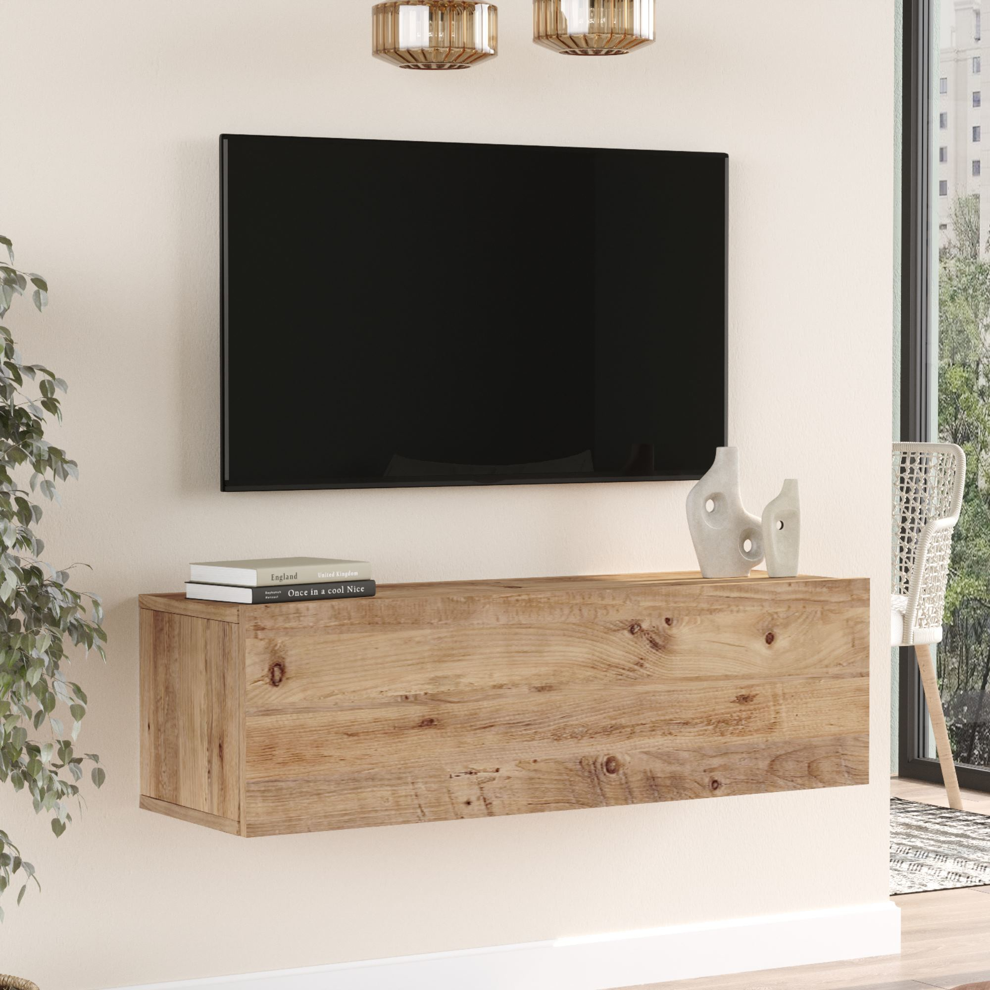 foto del prodotto mobile porta tv lapinlahti con anta a ribalta consolle da parete 100 cm rovere rustico en.casa 