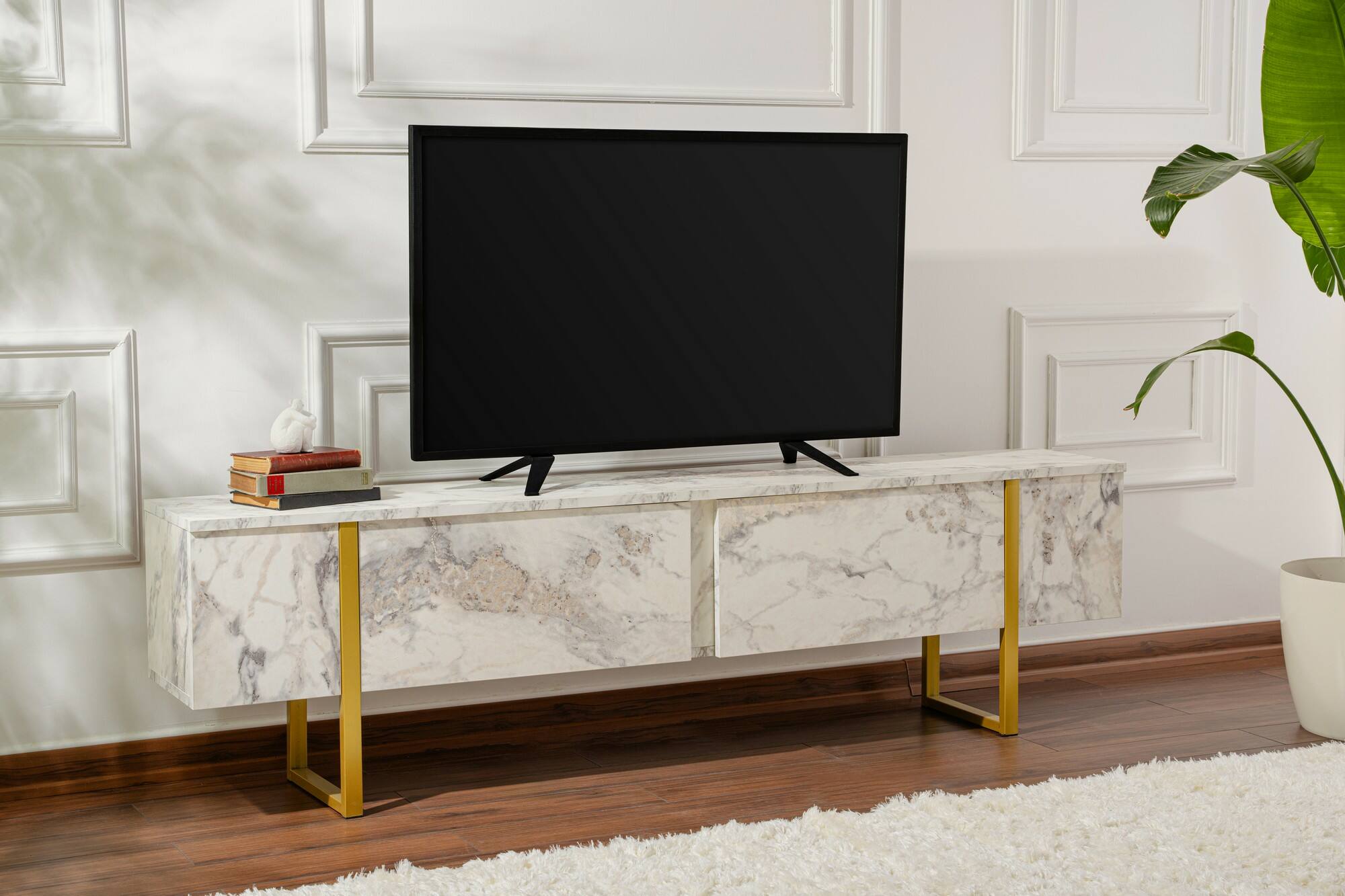 foto del prodotto mobile porta tv lilith, credenza da soggiorno, armadio basso per tv, base parete attrezzata, 180x30 h50 cm, marmo e oro