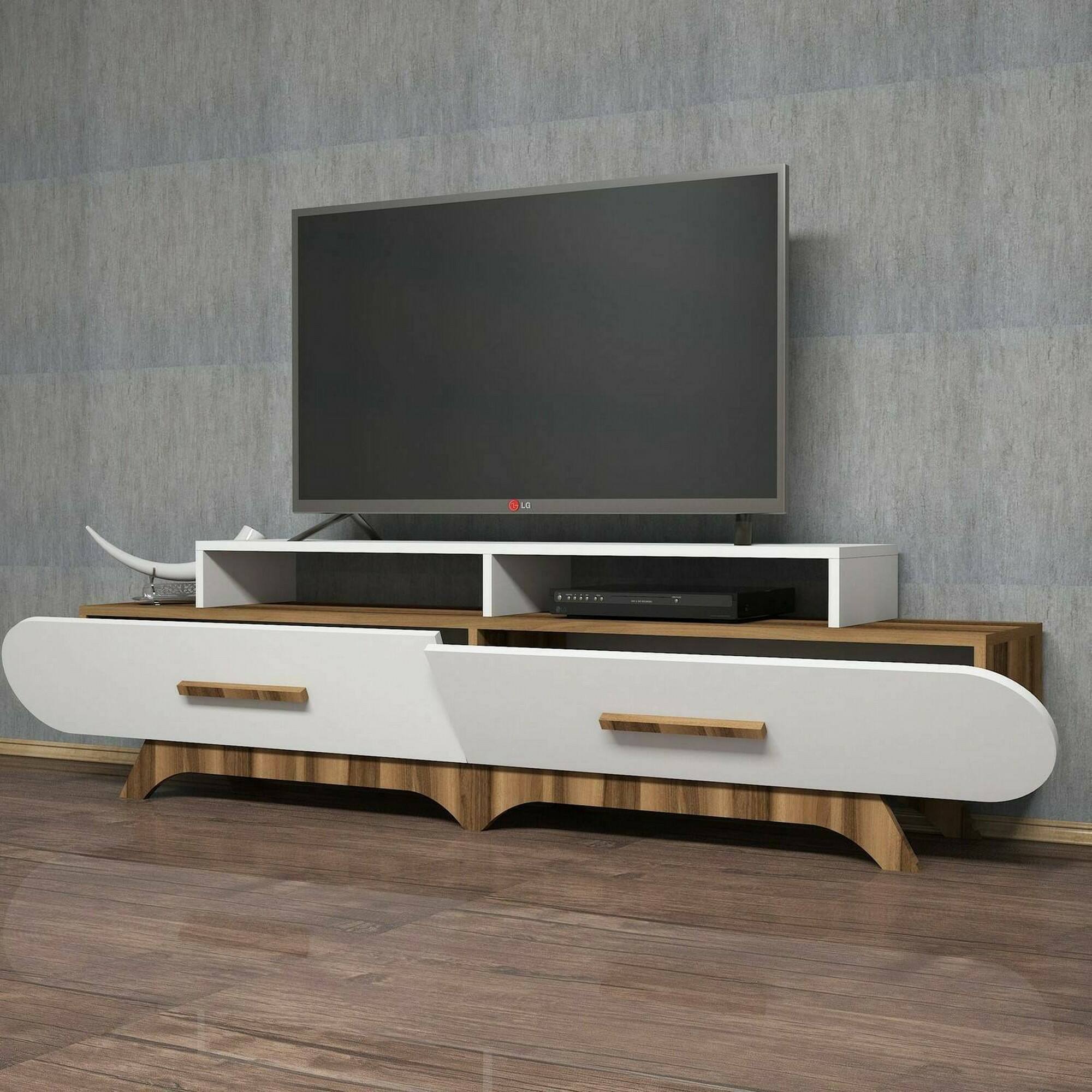 foto del prodotto mobile porta tv massima, credenza da soggiorno, armadio basso per tv, base parete attrezzata, 205x37h50 cm, noce e bianco