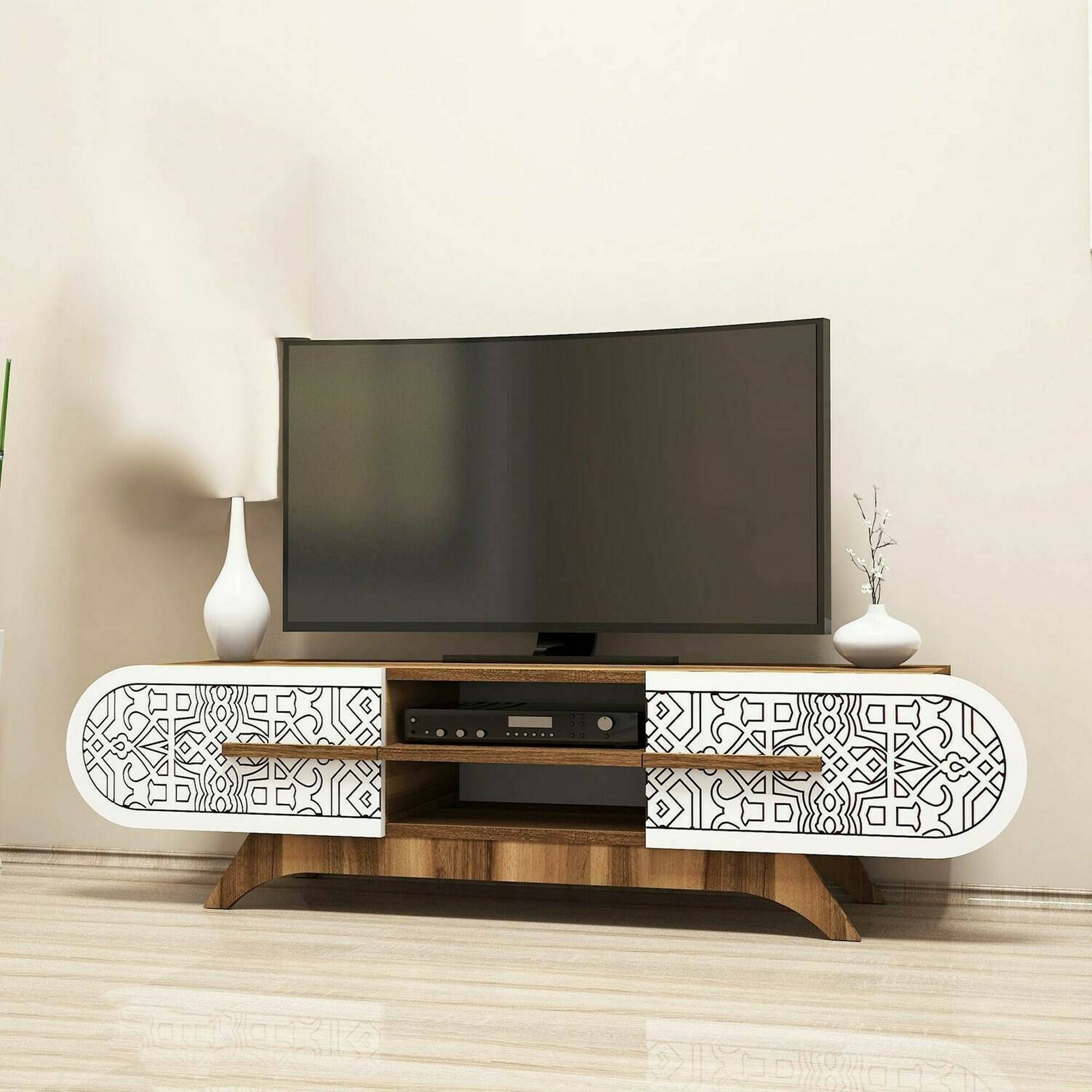 foto del prodotto mobile porta tv matsu, credenza da soggiorno, armadio basso per tv, base parete attrezzata, 145x37h37 cm, noce e bianco