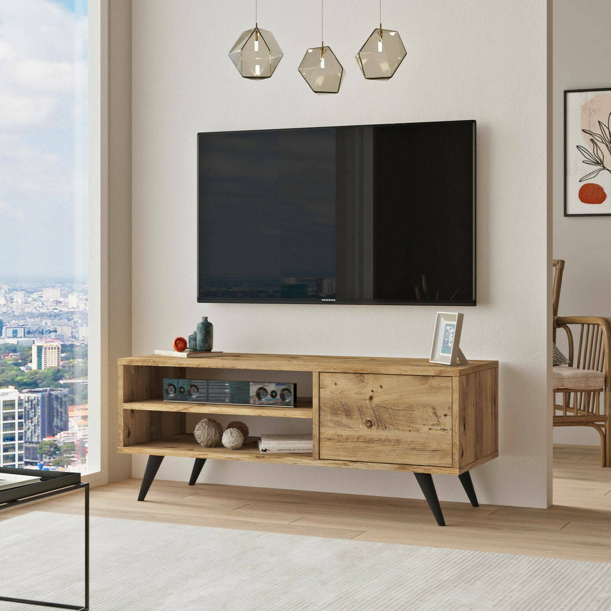 foto del prodotto mobile porta tv max, credenza da soggiorno, armadio basso per tv, base parete attrezzata, 110x40h44 cm, quercia