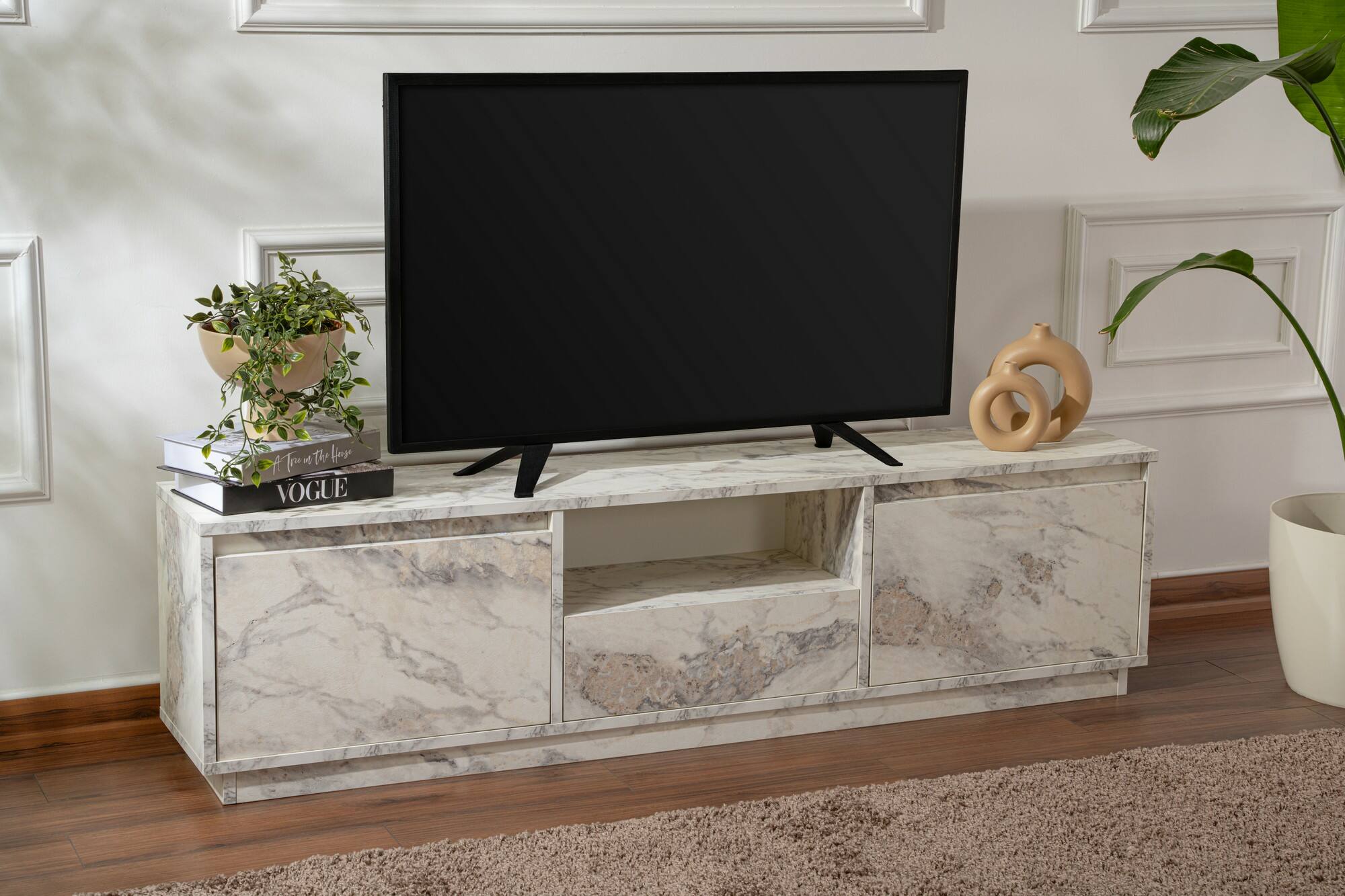 foto del prodotto mobile porta tv morrigan, credenza da soggiorno, armadio basso per tv, base parete attrezzata, 160x30 h42 cm, marmo