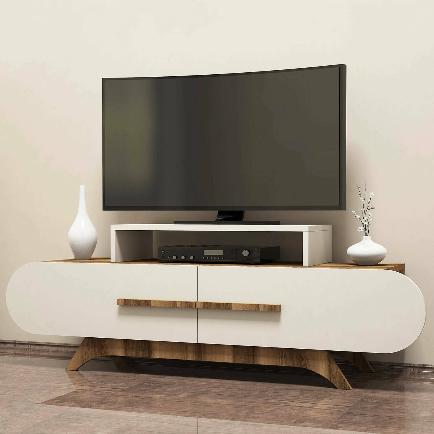 foto del prodotto mobile porta tv nesatm, credenza da soggiorno, armadio basso per tv, base parete attrezzata, 145x37 h50 cm, noce e crema