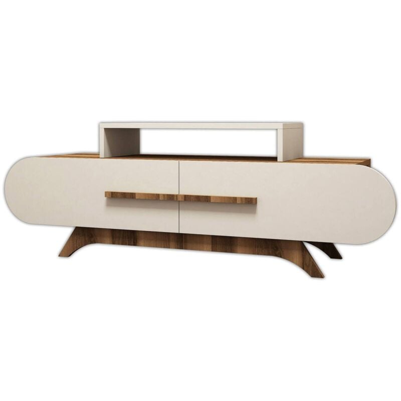 foto del prodotto mobile porta tv nesatm, credenza da soggiorno, armadio basso per tv, base parete attrezzata, 145x37 h50 cm, noce e crema dmora