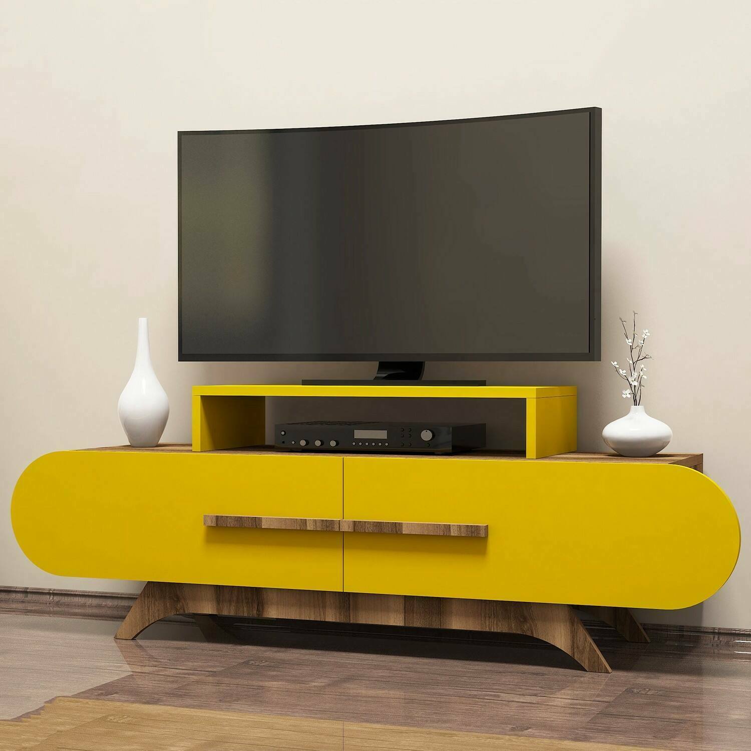 foto del prodotto mobile porta tv nesatm, credenza da soggiorno, armadio basso per tv, base parete attrezzata, 145x37 h50 cm, noce e giallo