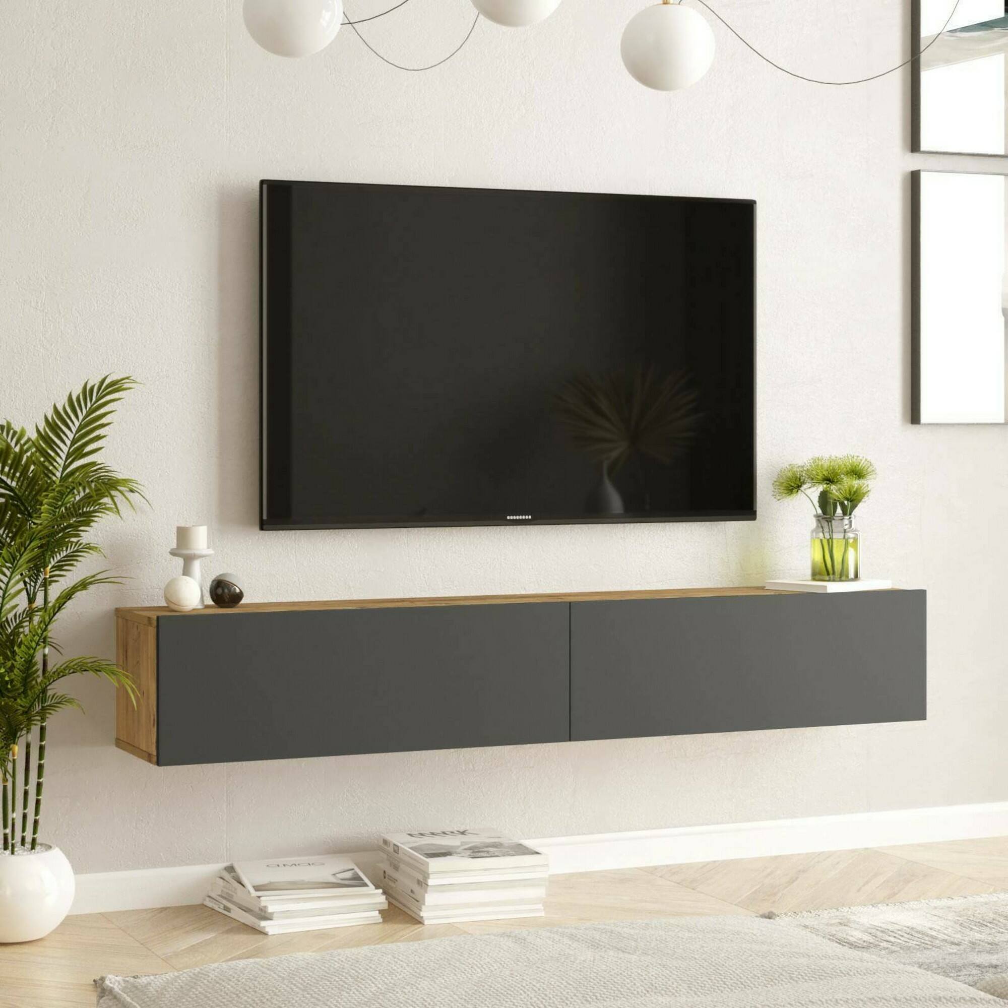 foto del prodotto mobile porta tv pavone, credenza da soggiorno, armadio basso per tv, base parete attrezzata, 180x32h30 cm, quercia e antracite