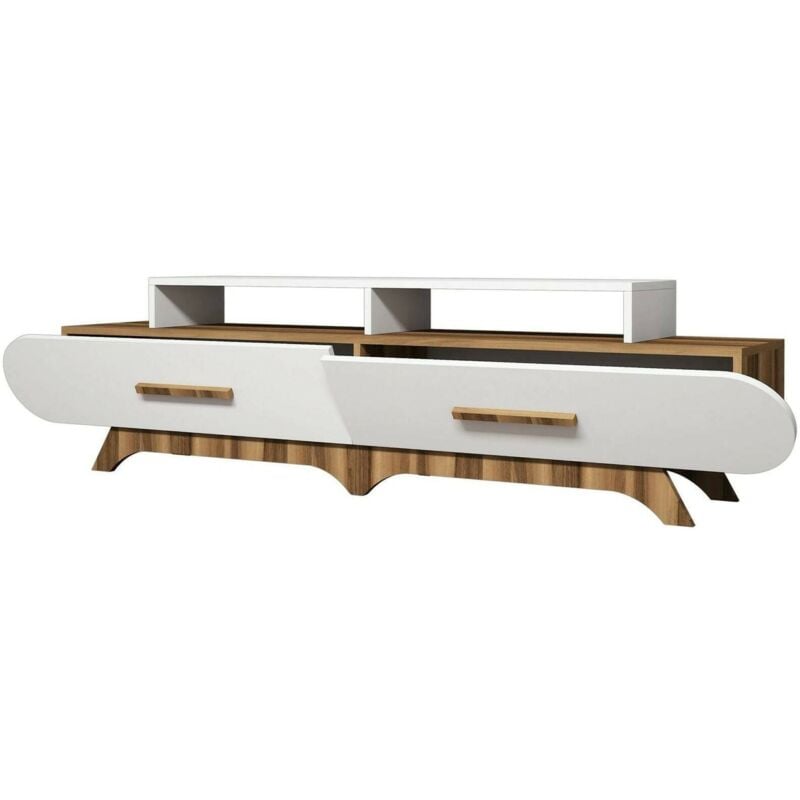 foto del prodotto mobile porta tv phec, credenza da soggiorno, armadio basso per tv, base parete attrezzata, 205x37h50 cm, noce e bianco, con imballo rinforzato, con