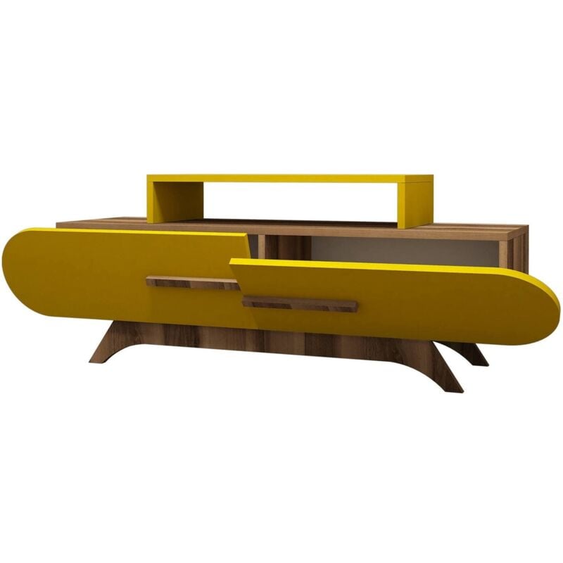 foto del prodotto mobile porta tv praesepem, credenza da soggiorno, armadio basso per tv, base parete attrezzata, 145x37 h50 cm, noce e giallo dmora