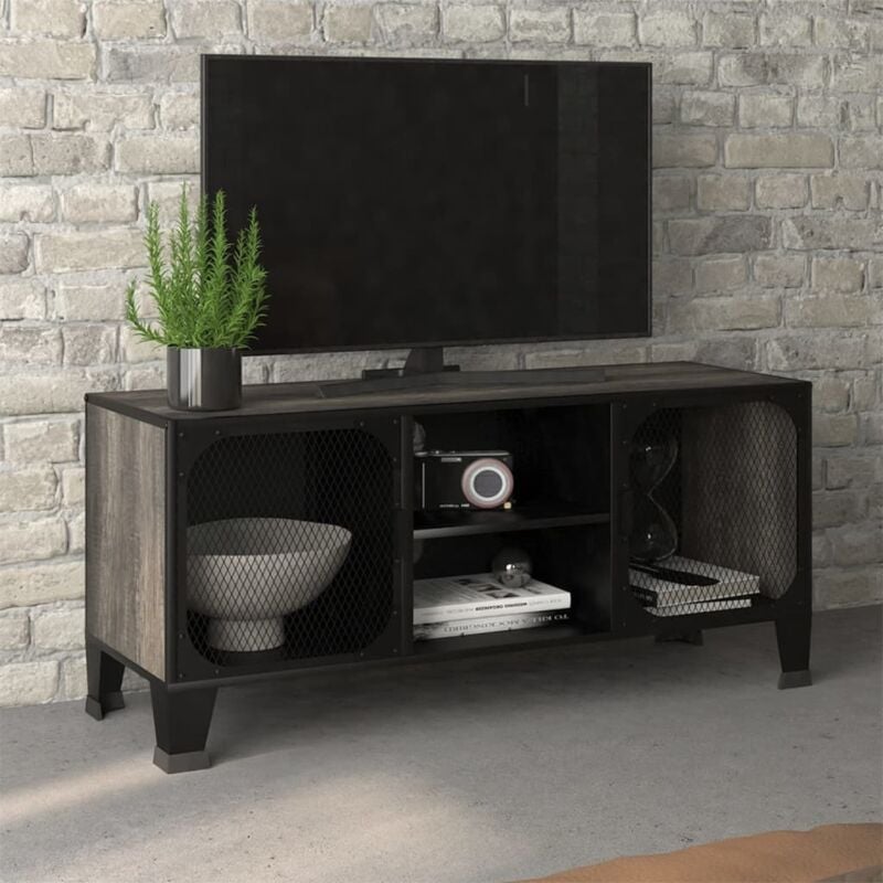 foto del prodotto mobile porta tv rustico 105x36x47 cm in metallo e legno con 2 ante laterali colore grigio rustico