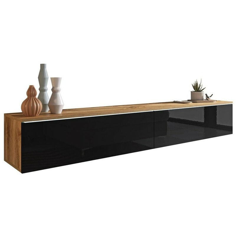 foto del prodotto mobile porta tv sarasota 121, quercia di wotan nero lucido, il numero di porte 0, numero di cassetti 0, 180x30x33cm, led con