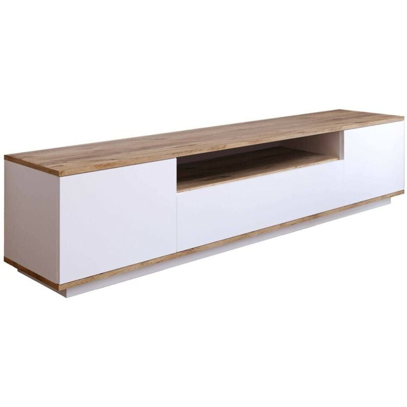 foto del prodotto mobile porta tv sinope, credenza da soggiorno, armadio basso per tv, base parete attrezzata, 180x45h45 cm, quercia e bianco, con imballo rinforzato,