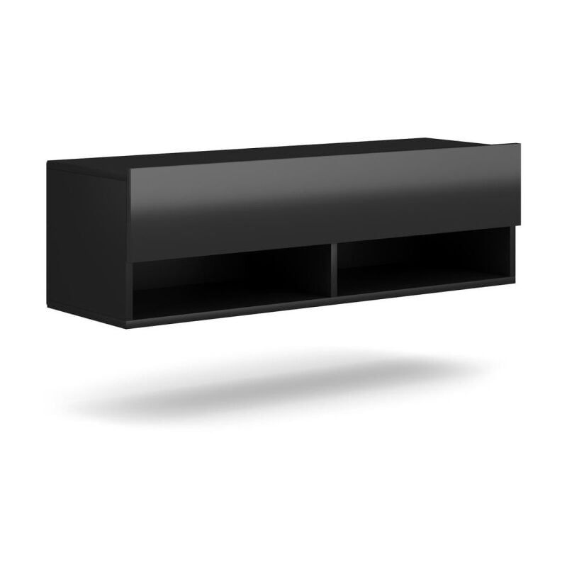 foto del prodotto mobile porta tv sospeso design cluj, 100 cm, 1 anta e 2 vani, colore nero e nero lucido.