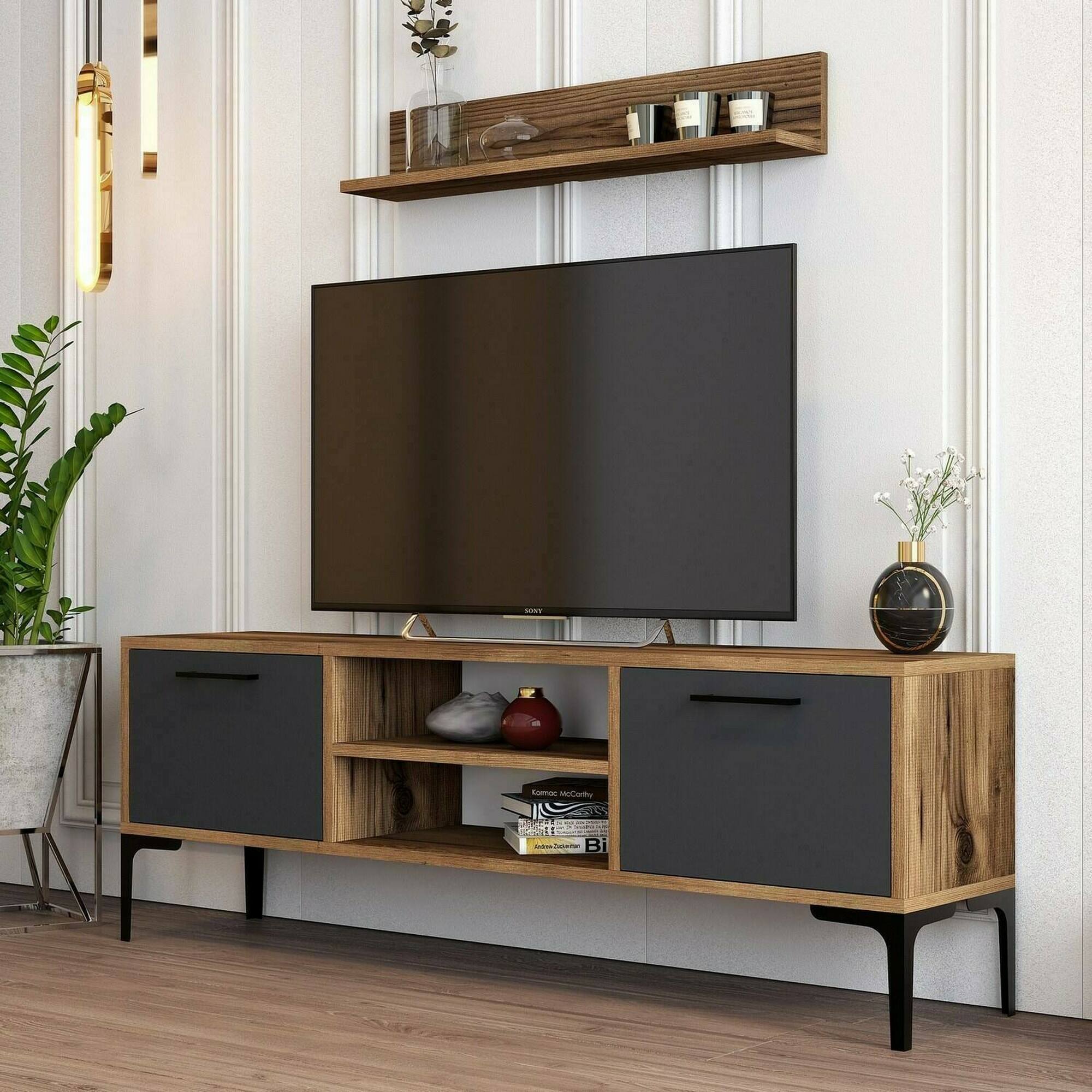 foto del prodotto mobile porta tv sri, credenza da soggiorno, armadio basso per tv, base parete attrezzata, 140x30h48 cm, noce e antracite