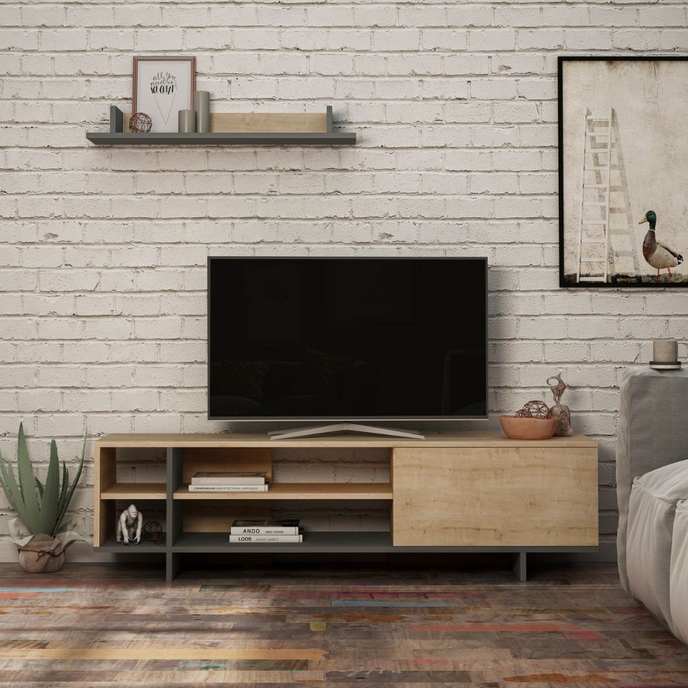 foto del prodotto mobile porta tv stockton con mensola a muro colore rovere