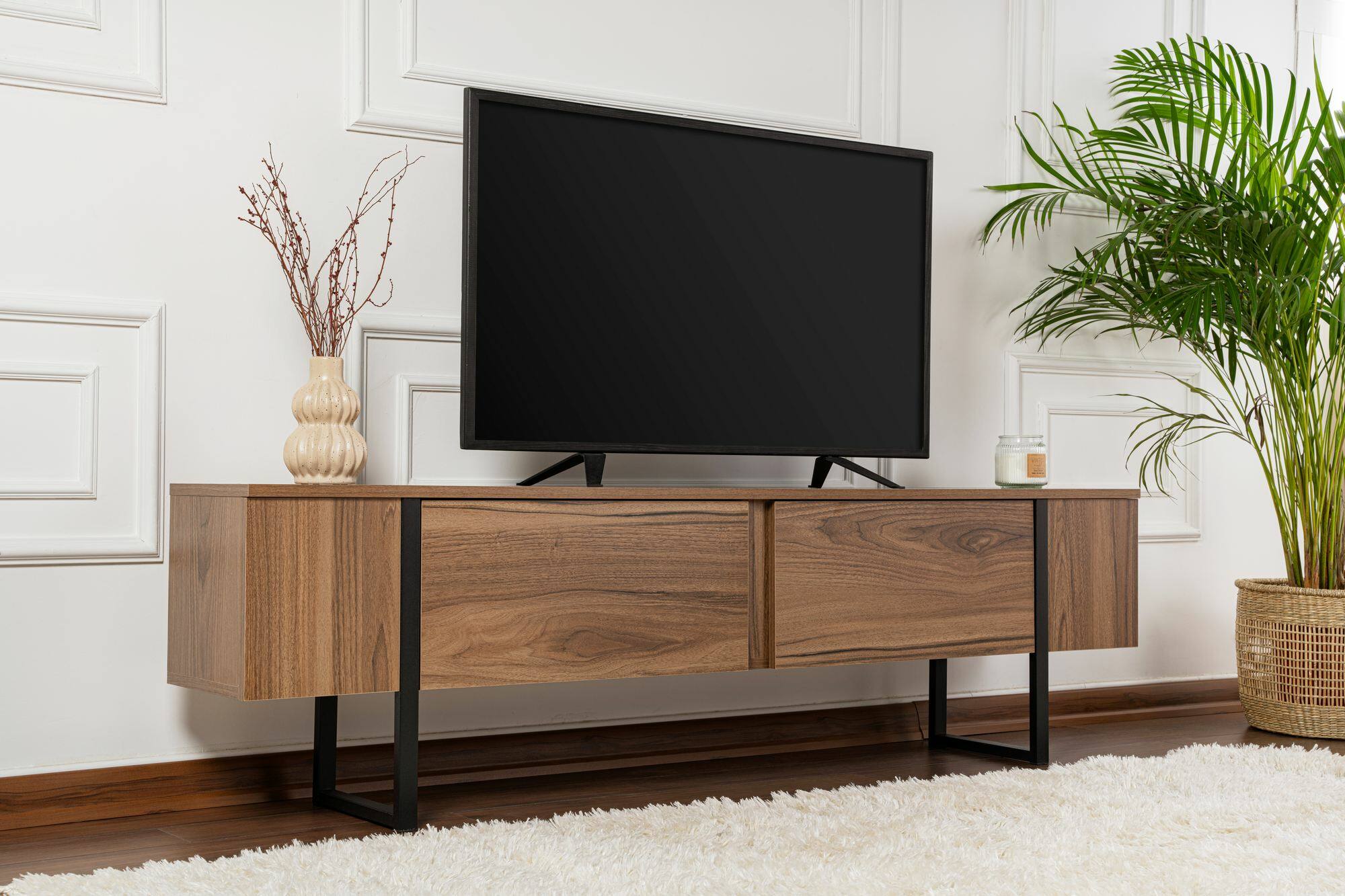 foto del prodotto mobile porta tv tarquin, credenza da soggiorno, armadio basso per tv, base parete attrezzata, 180x30 h50 cm, noce e nero