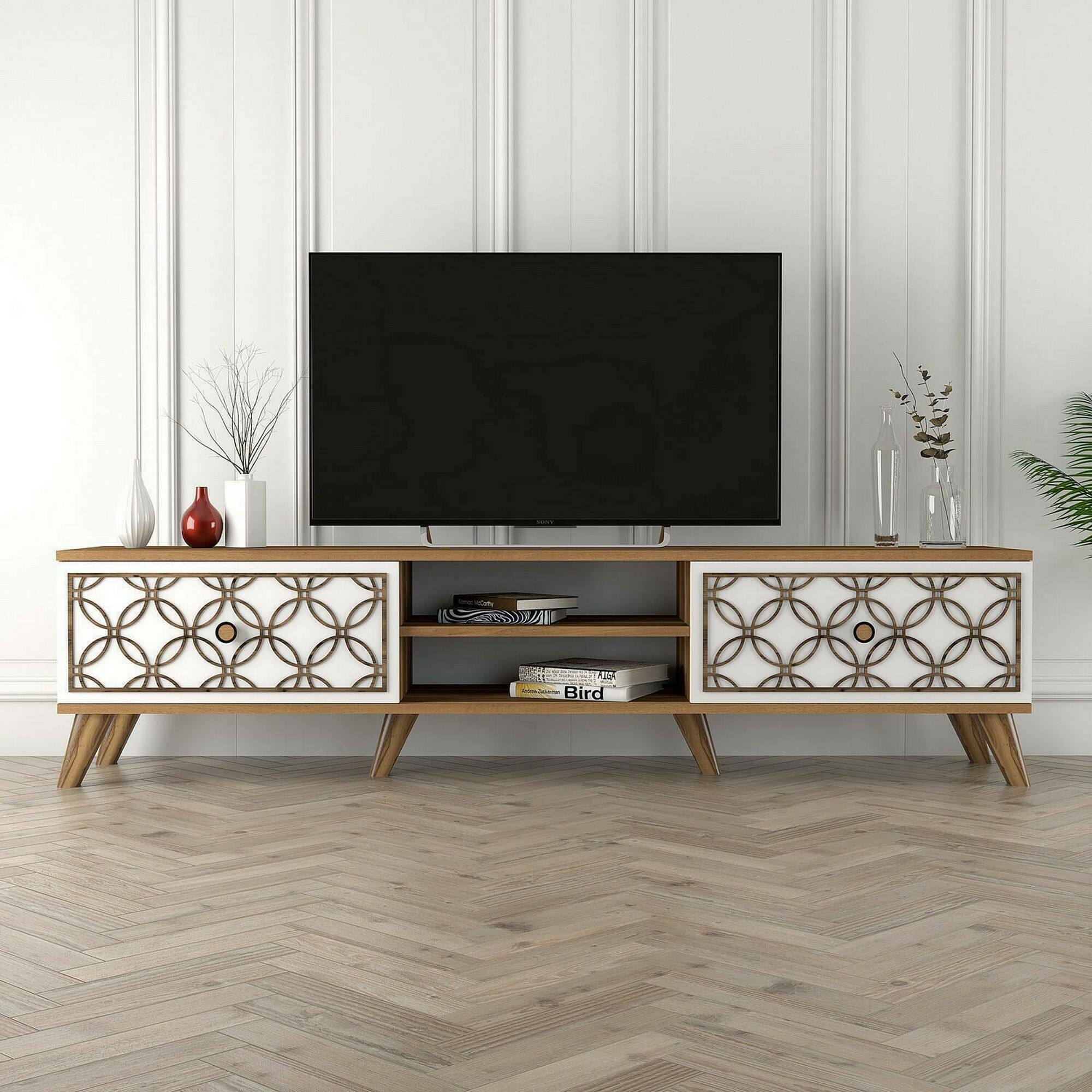 foto del prodotto mobile porta tv teia, credenza da soggiorno, armadio basso per tv, base parete attrezzata, 180x35h44 cm, noce e bianco