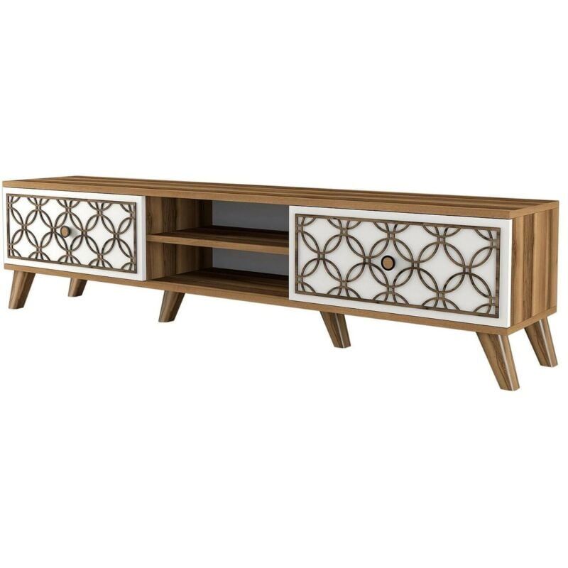 foto del prodotto mobile porta tv teia, credenza da soggiorno, armadio basso per tv, base parete attrezzata, 180x35h44 cm, noce e bianco - dmora