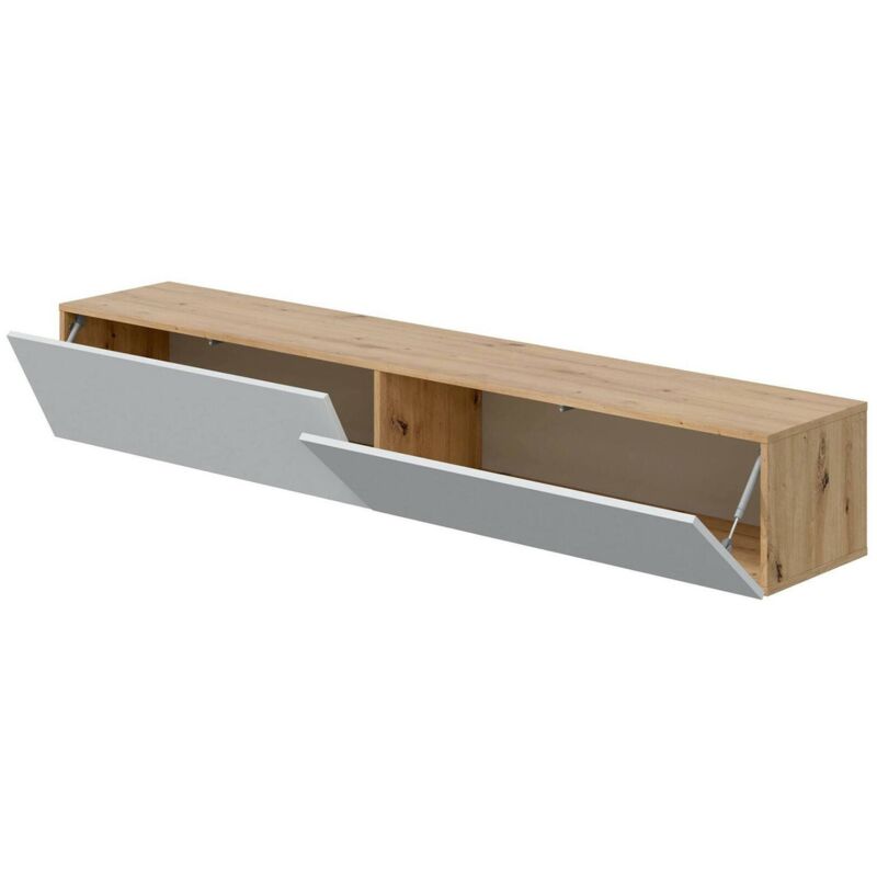 foto del prodotto mobile porta tv vincennes, porta tv a 2 ante, mobile sospeso soggiorno, 180x35h28 cm, rovere nodi e bianco lucido, con imballo rinforzato dmora