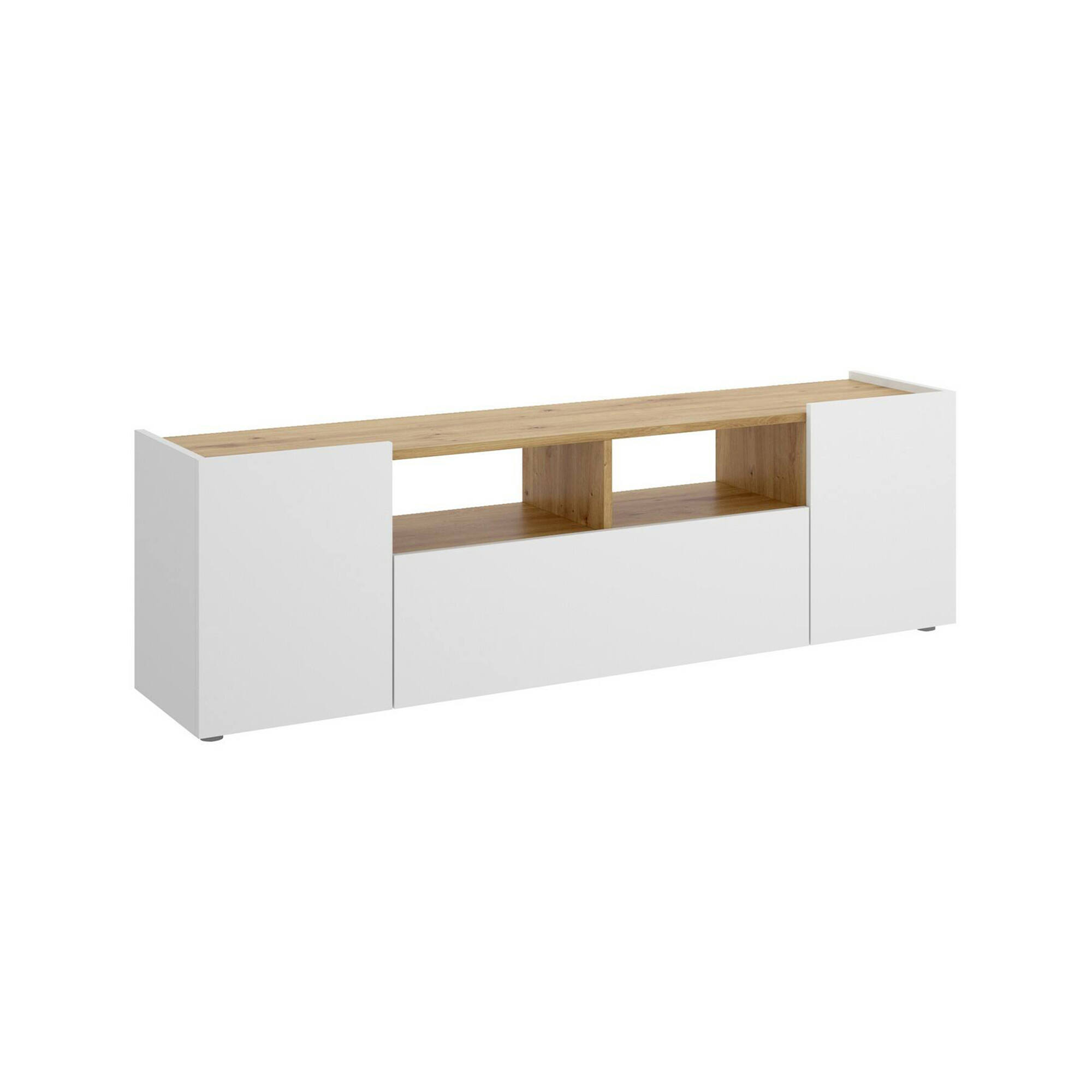 foto del prodotto mobile porta tv vulcano, credenza bassa da soggiorno, madia da salotto per televisione, 142x35h44 cm, bianco e rovere nodi