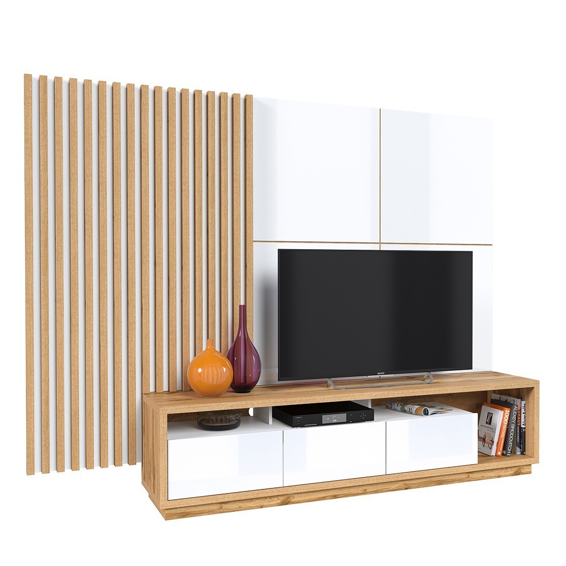 foto del prodotto mobile porta tv xl con pannello decorativo da parete xl della collezione clara. colore rovere e bianco lucido.