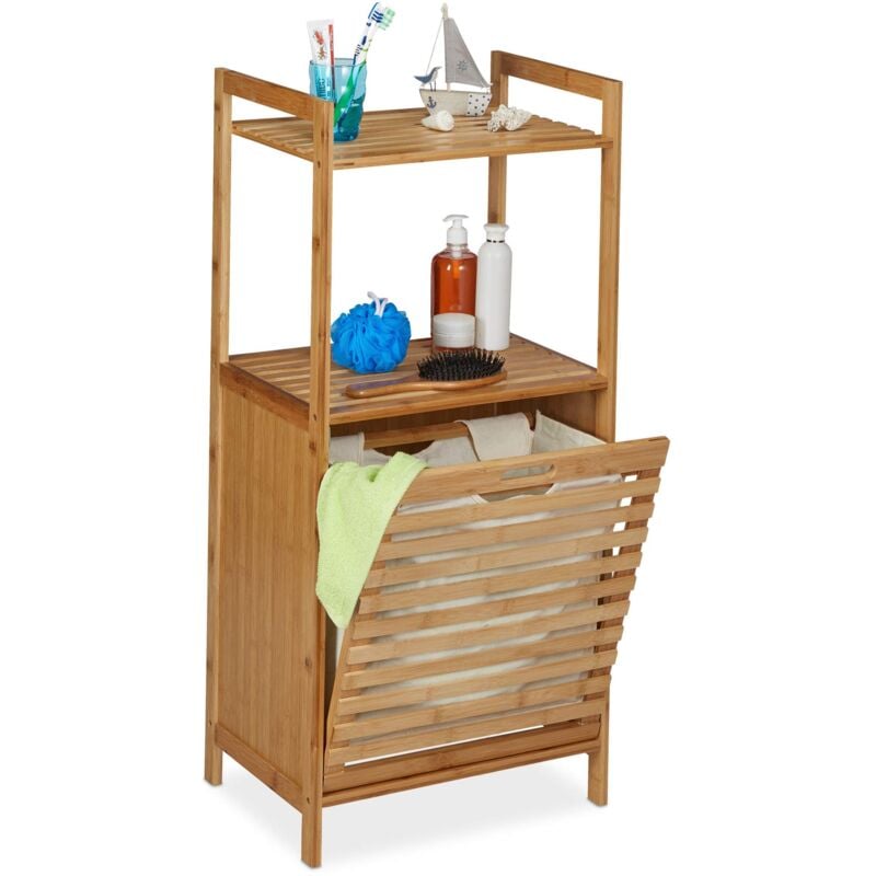 foto del prodotto mobile portabiancheria, mobiletto bagno in bamb con cesta per biancheria, hlp 100 x 45,5 x 33,5 cm, naturale relaxdays