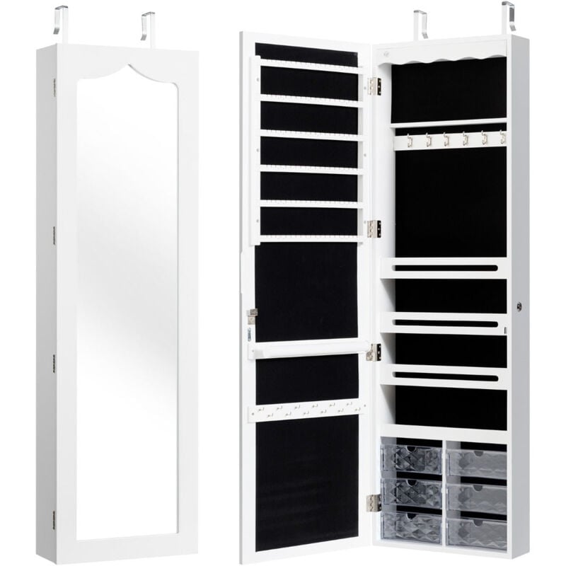 foto del prodotto mobile portagioielli a parete a led con specchio 6 cassetti altezza gancio regolabile 120x36,5x11,5 cm bianco