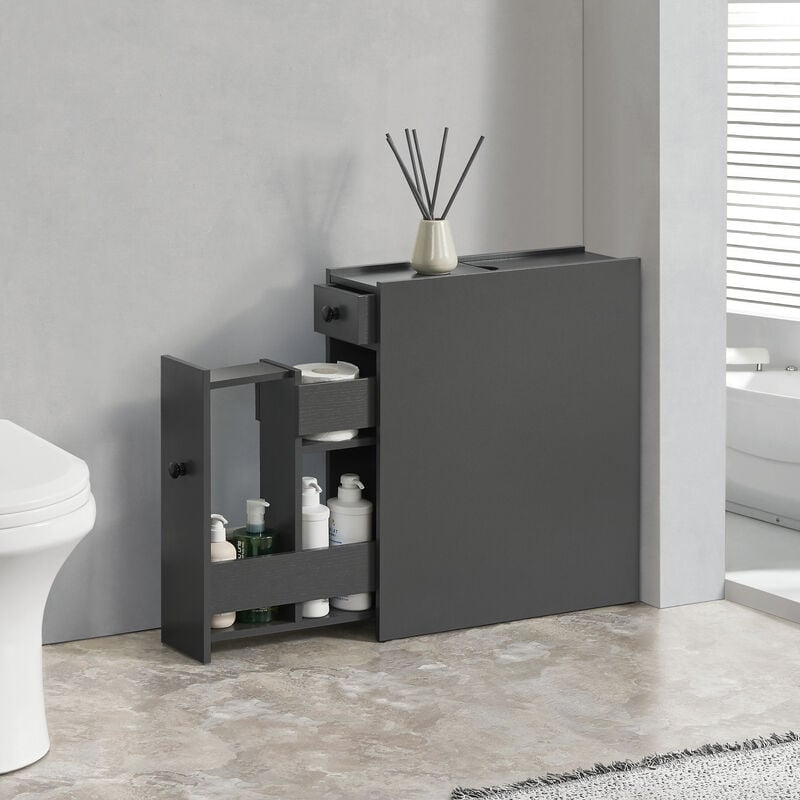foto del prodotto mobile salvaspazio kihni da terra con cassetti e scomparti estraibili per bagno cucina grigio scuro en.casa 