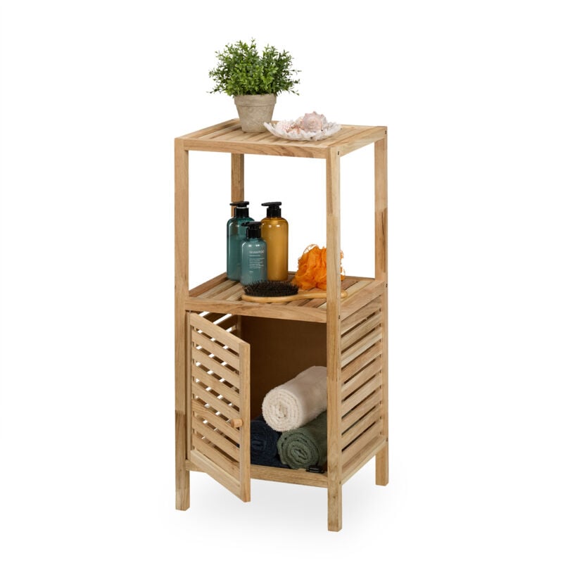 foto del prodotto mobile salvaspazio per bagno e cucina, scaffale in legno di noce, 2 ripiani, vano con anta, hlp 86x40x36 cm - relaxdays