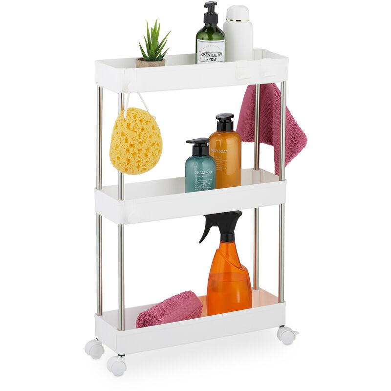 foto del prodotto mobile salvaspazio, scaffale su ruote con 3 ripiani, carrello per bagno e cucina, 62 x 41,5 x 14,5 cm, bianco relaxdays