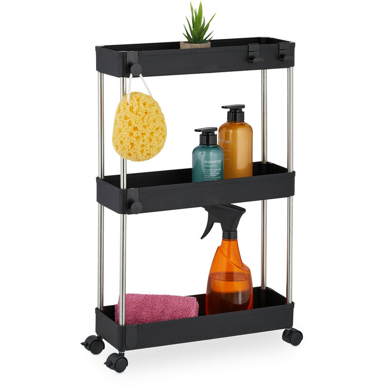 foto del prodotto mobile salvaspazio, scaffale su ruote con 3 ripiani, carrello per bagno e cucina, 62 x 41,5 x 14,5 cm, nero relaxdays