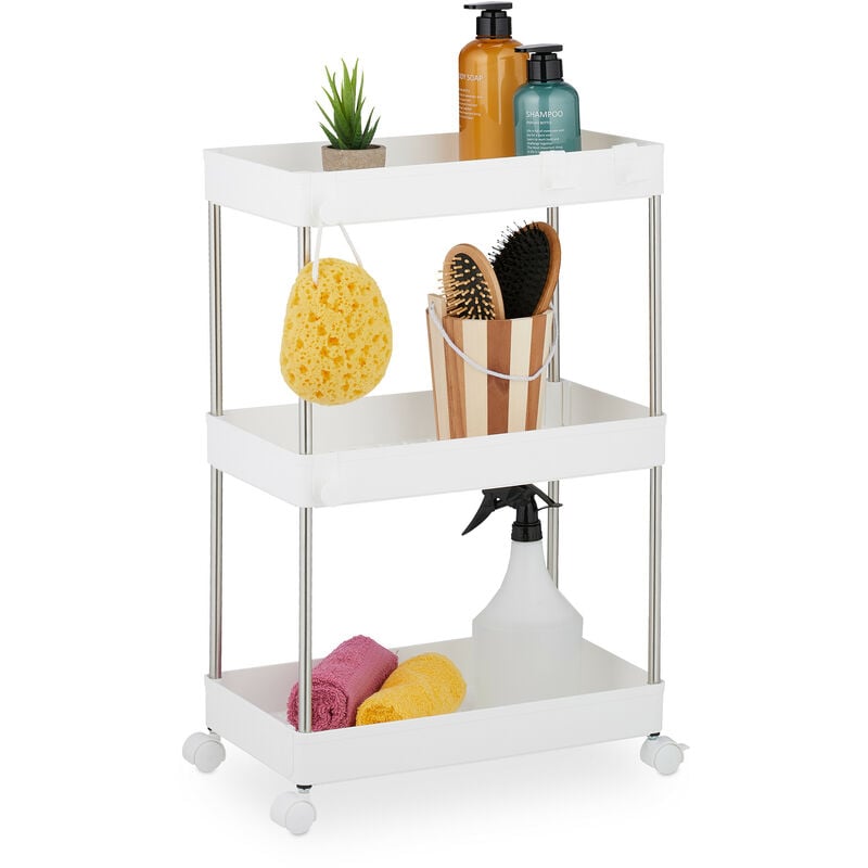 foto del prodotto mobile salvaspazio, scaffale su ruote con 3 ripiani, carrello per bagno e cucina, 62 x 41,5 x 23,5 cm, bianco relaxdays