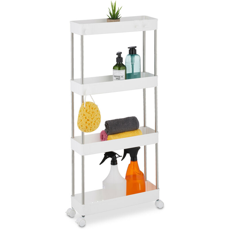 foto del prodotto mobile salvaspazio, scaffale su ruote con 4 ripiani, carrello per bagno e cucina, 88 x 41,5 x 14,5 cm, bianco relaxdays
