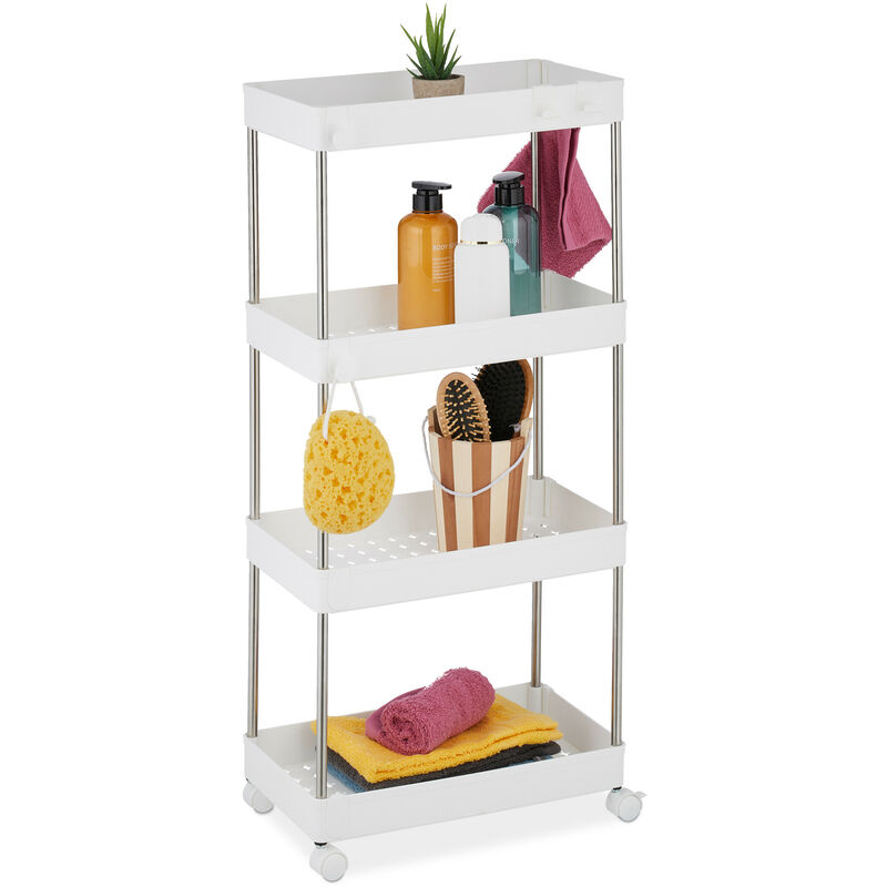 foto del prodotto mobile salvaspazio, scaffale su ruote con 4 ripiani, carrello per bagno e cucina, 88 x 41,5 x 23,5 cm, bianco relaxdays