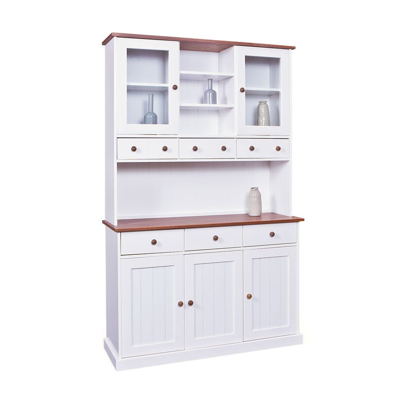 foto del prodotto mobile soggiorno credenza westerland 5 ante 3 cassetti 131x45x205h pino massello verniciato a acqua bianco top finiture marrone