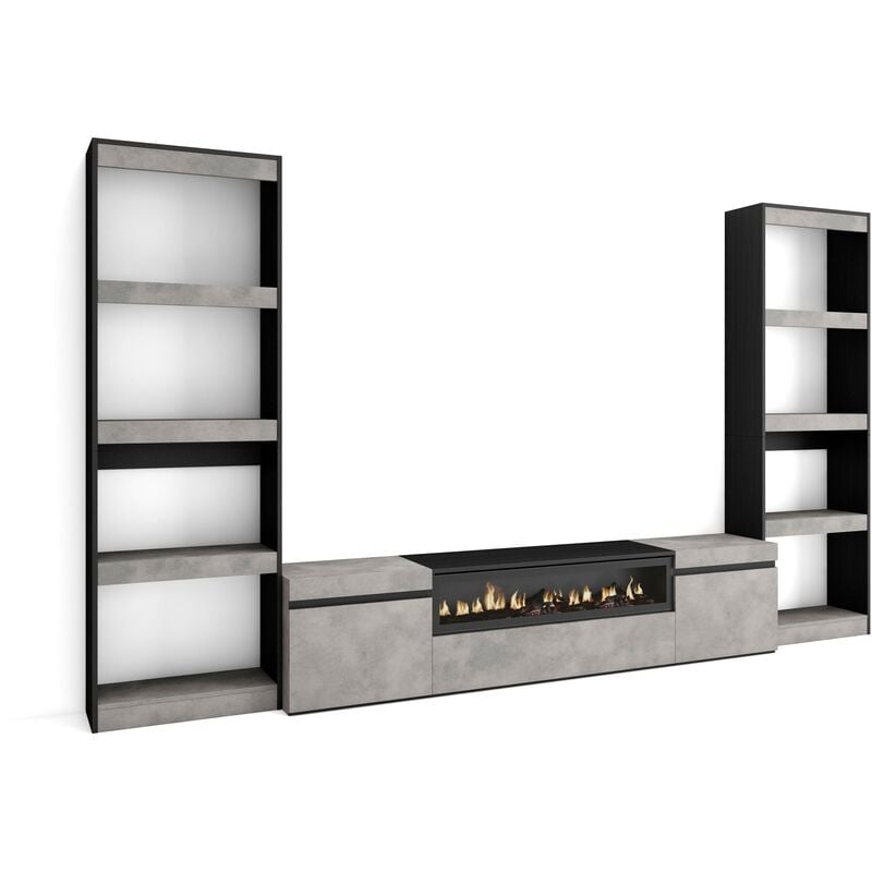 foto del prodotto mobile soggiorno tv, parete attrezzata soggiorno, 320x186x35cm, per tv fino a 80 , camino elettrico, stile moderno, grigio cemento skraut home