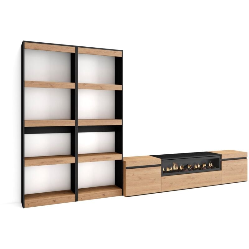 foto del prodotto mobile soggiorno tv, parete attrezzata soggiorno, 320x186x35cm, per tv fino a 80 , camino elettrico, stile moderno, rovere e nero skraut home
