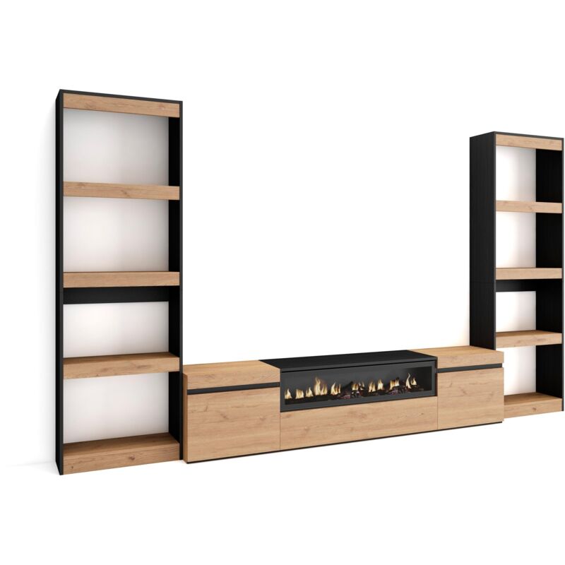 foto del prodotto mobile soggiorno tv, parete attrezzata soggiorno, 320x186x35cm, per tv fino a 80 , camino elettrico, stile moderno, rovere e nero skraut home