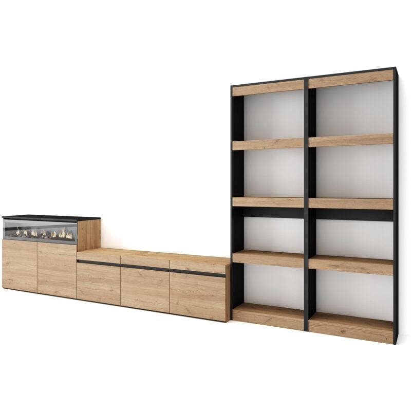 foto del prodotto mobile soggiorno tv, parete attrezzata soggiorno, 370x186x35cm, per tv fino a 65 , camino elettrico, stile moderno, rovere e nero skraut home